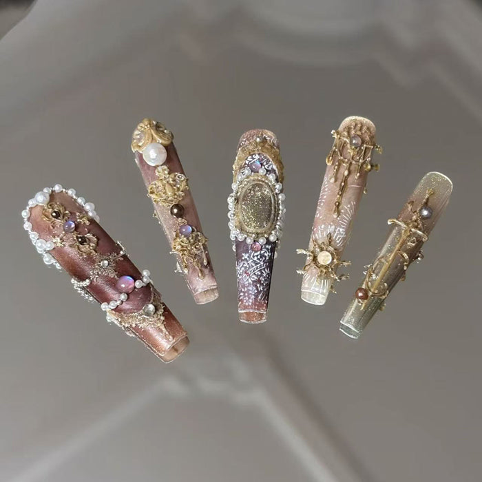 Original handmade press-on nails: baroque vintage court style manicure