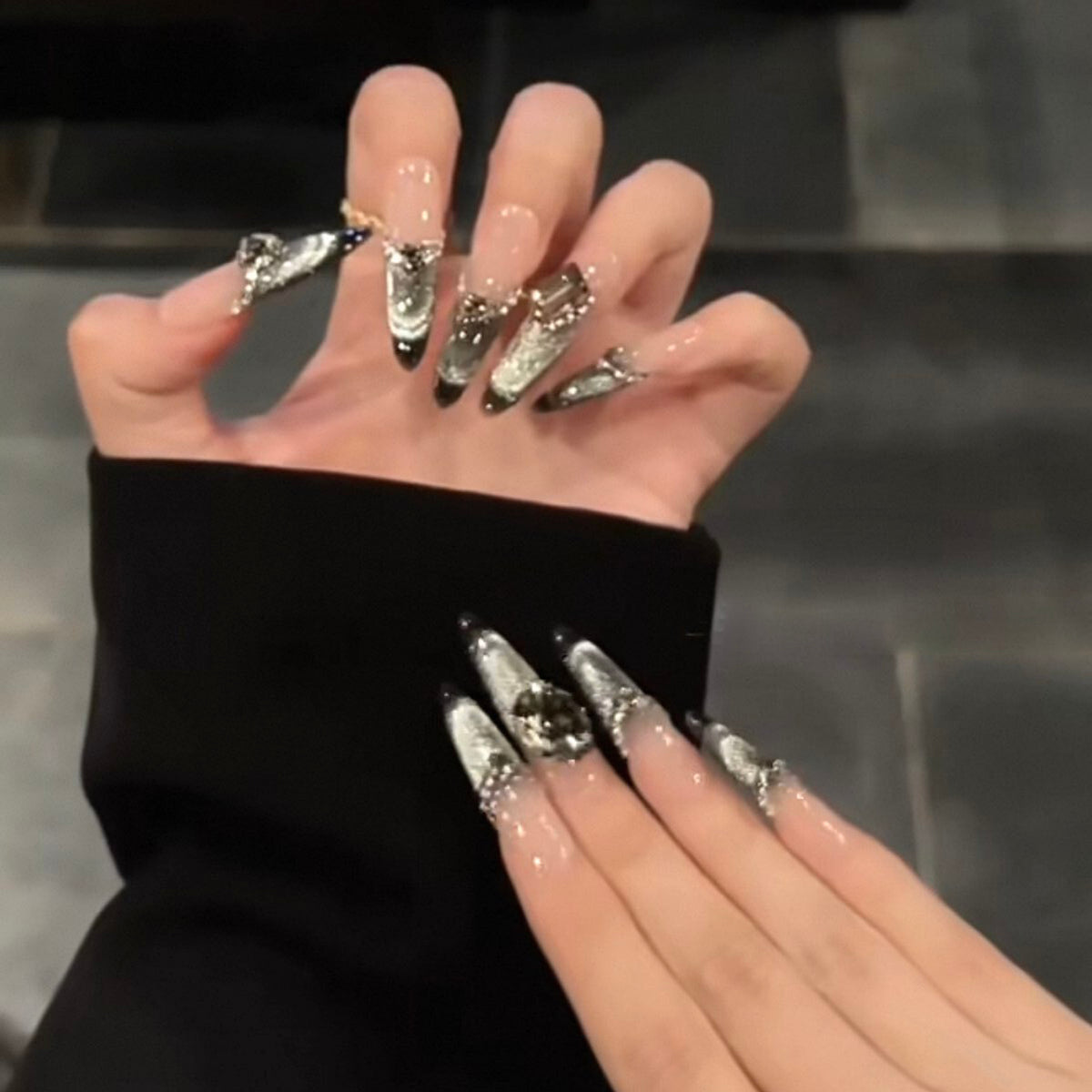 Sweet and cool style, white and sparkling, dark smile, cat eye, stacked diamonds, high-end long style handmade wearable nails