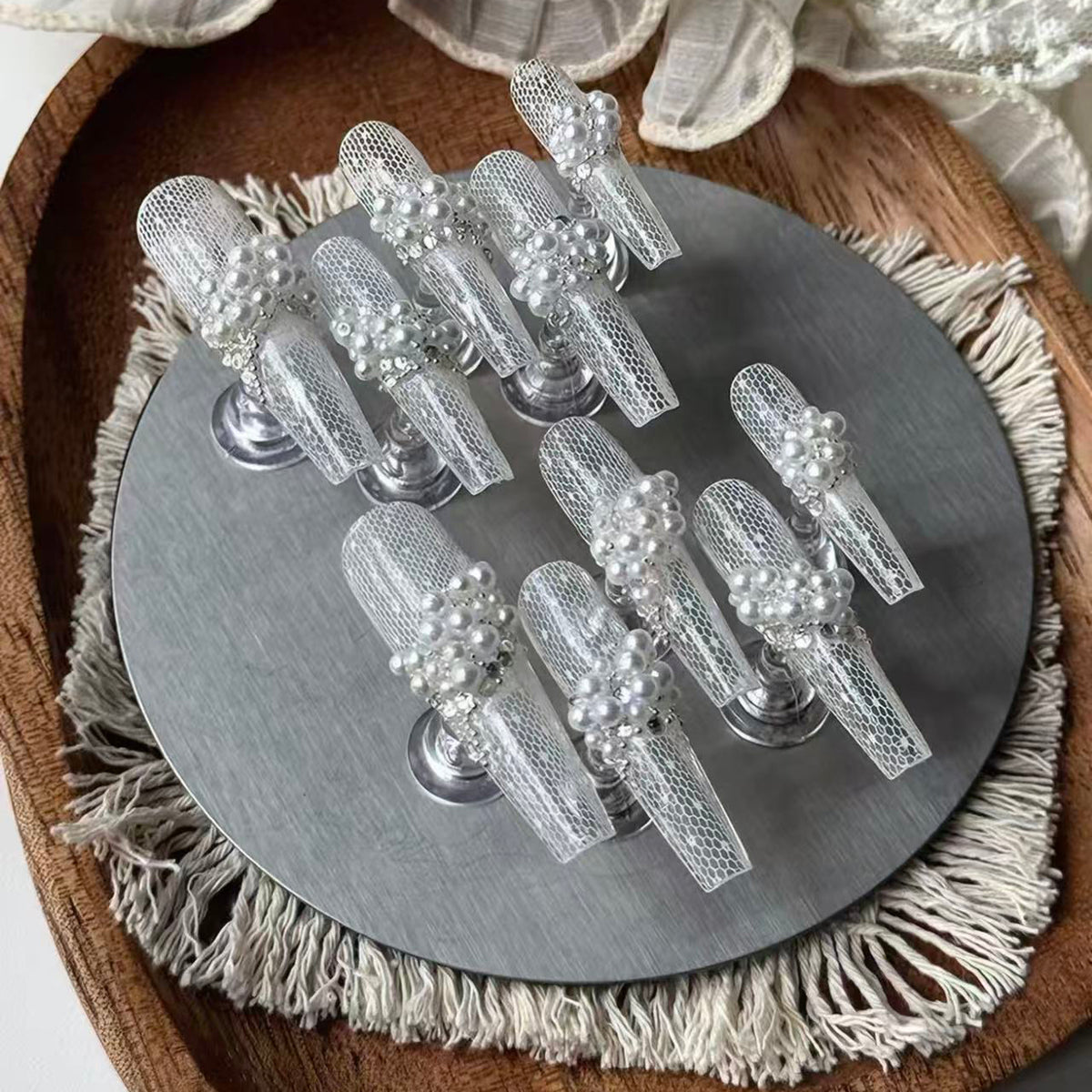 Pearl lace new arrivallong bridal wedding nails wearable nails heavy industry purely handmade original