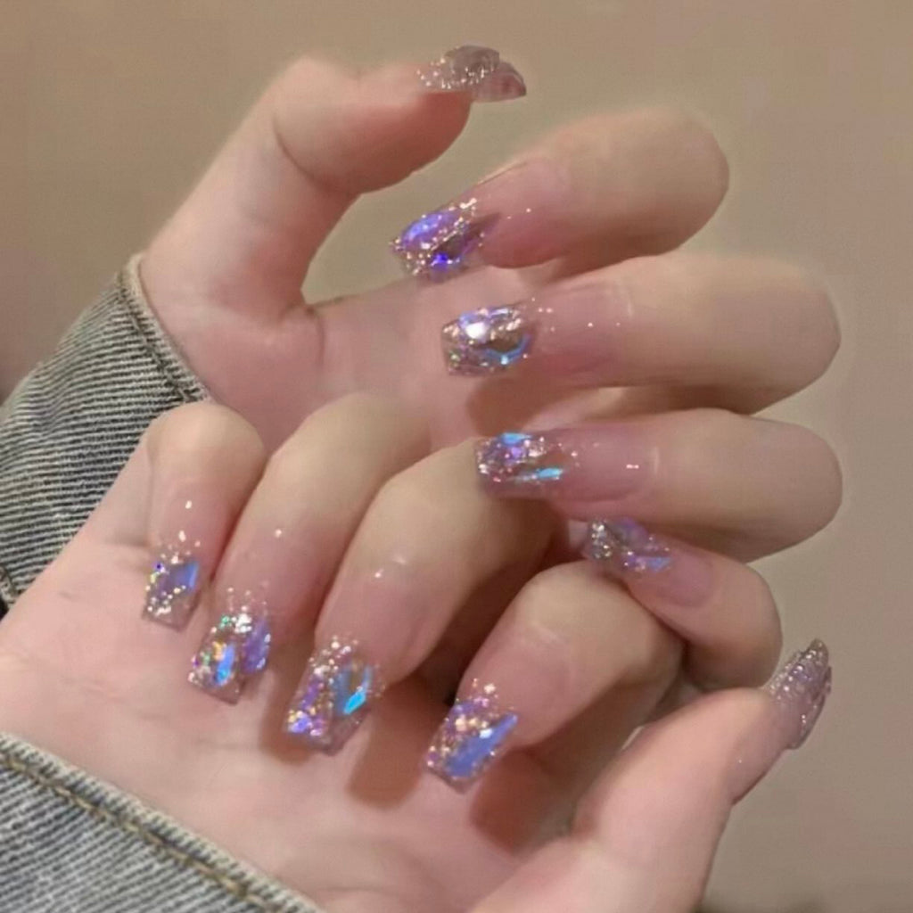 Handmade press-on nails: ethereal purple shimmer, dazzling aurora diamond, soft & flattering, ultra-fairy false nails