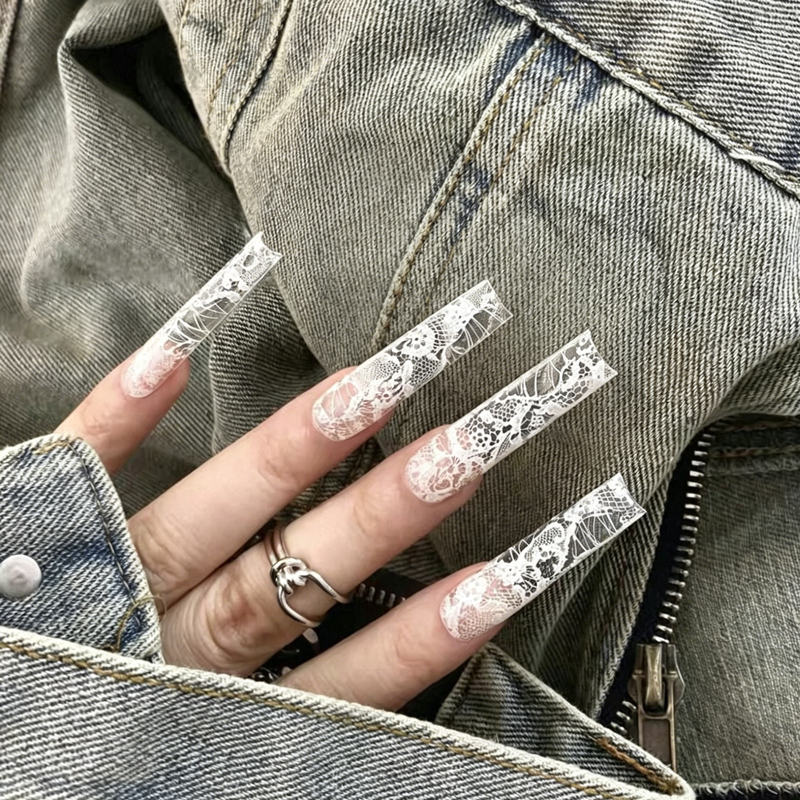 Pure hand-worn nail customization finished product, wearable nail art, European and American air duct square lace, pure desire design sense