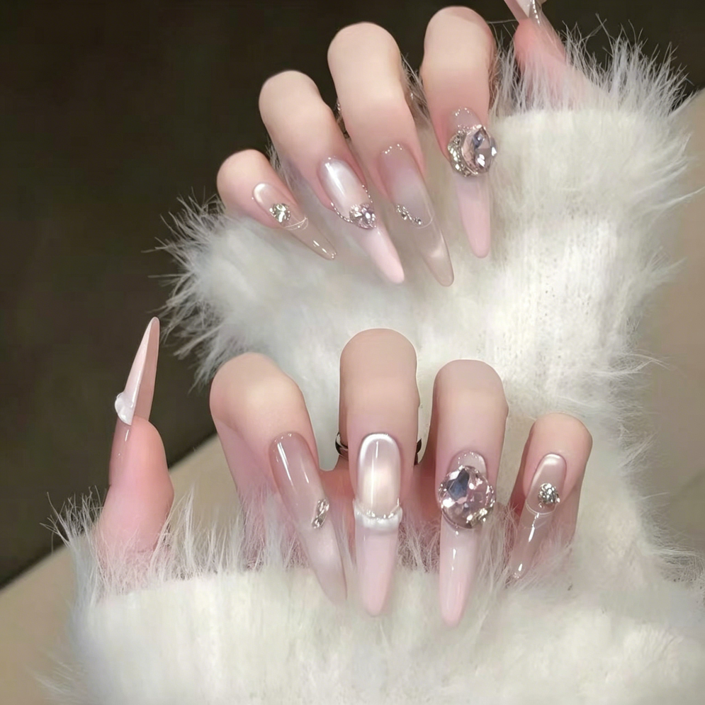 Handmade armor French ice-through naked pink cat's eye with diamonds Gentle pure desire manicure sticker