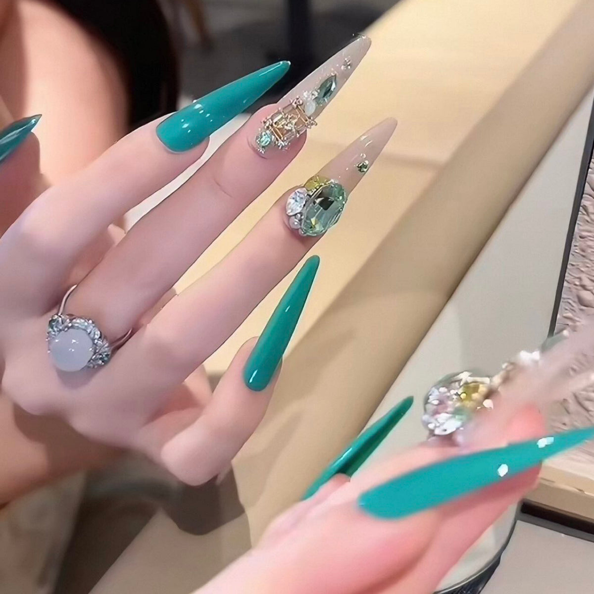Handmade press-on nails - peacock blue with rhinestone accents, gentle & flattering, removable nail stickers, long length, elegant & luxurious