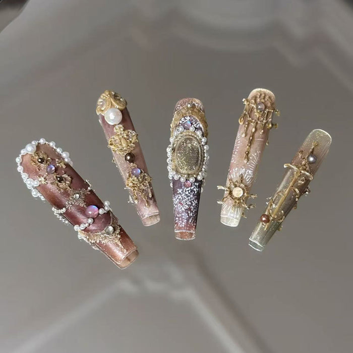Original handmade press-on nails: baroque vintage court style manicure