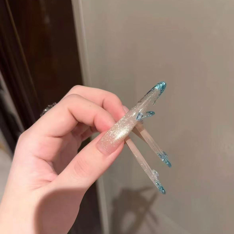 High-luxury peacock blue full-flower diamonds flash cat's eye French wedding nail pure handmade nail wear nail