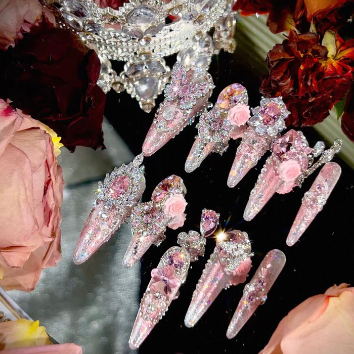 Powder Crystal Crushed Mang Heavy Industry Original Fairy Qi Pink Printed Zircon Diamond Long Handmade Wear Nail Customized Nail Art