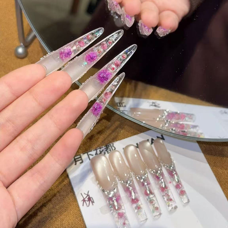 French cat's eye dried flower wearing nail medium and long high-end handmade nail patch new beautiful wearing nail art