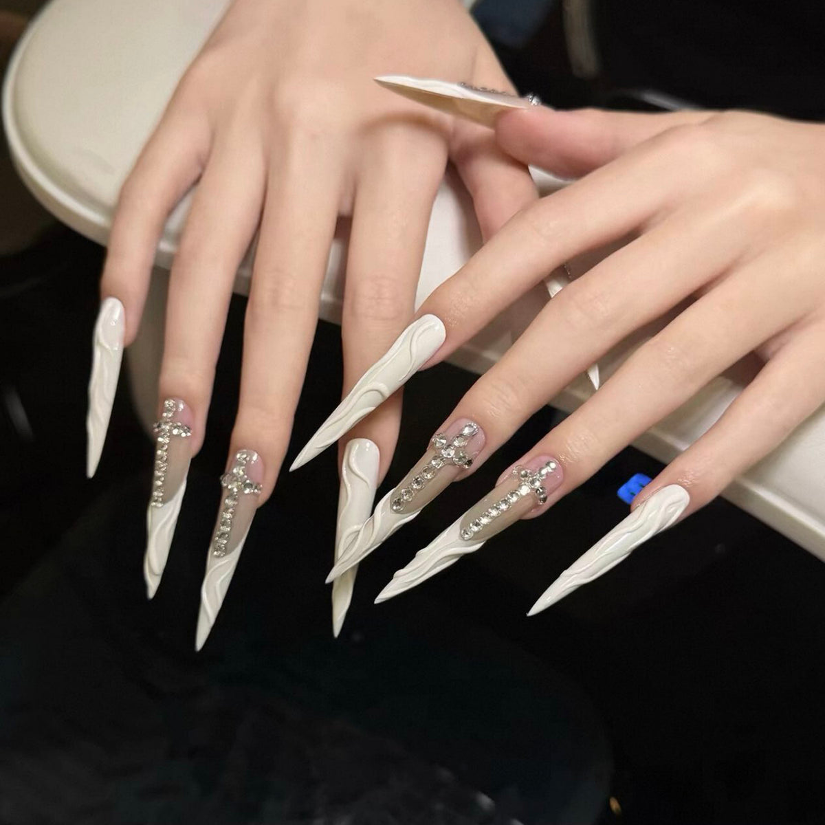 Handmade custom irregular water ripple hot girl pointed tip press-on nails with cross and crushed diamond accents - luxurious and flattering