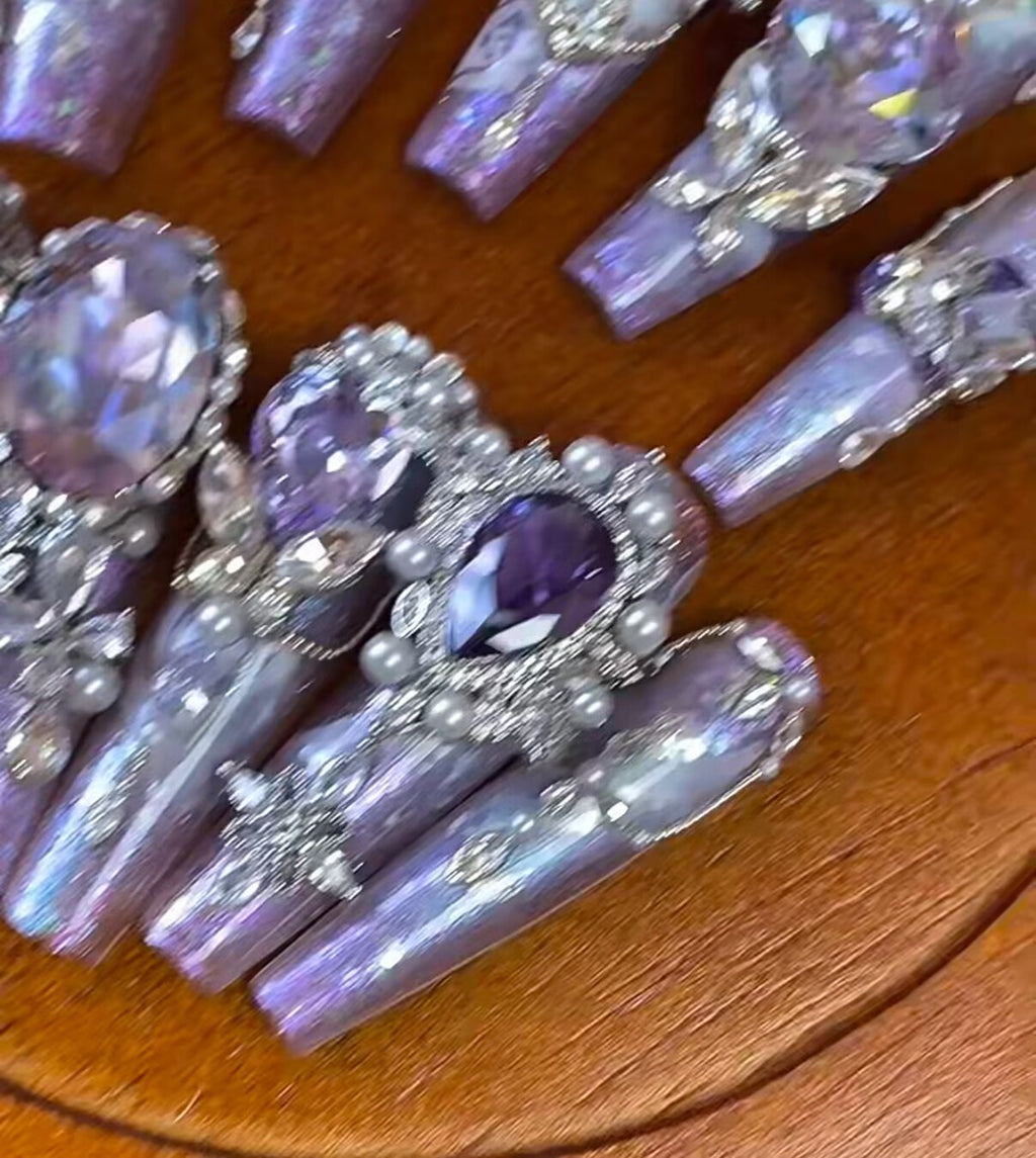 Purple palace light luxury full diamond handmade custom wearable nails watercolor rose flash new detachable nail manicure
