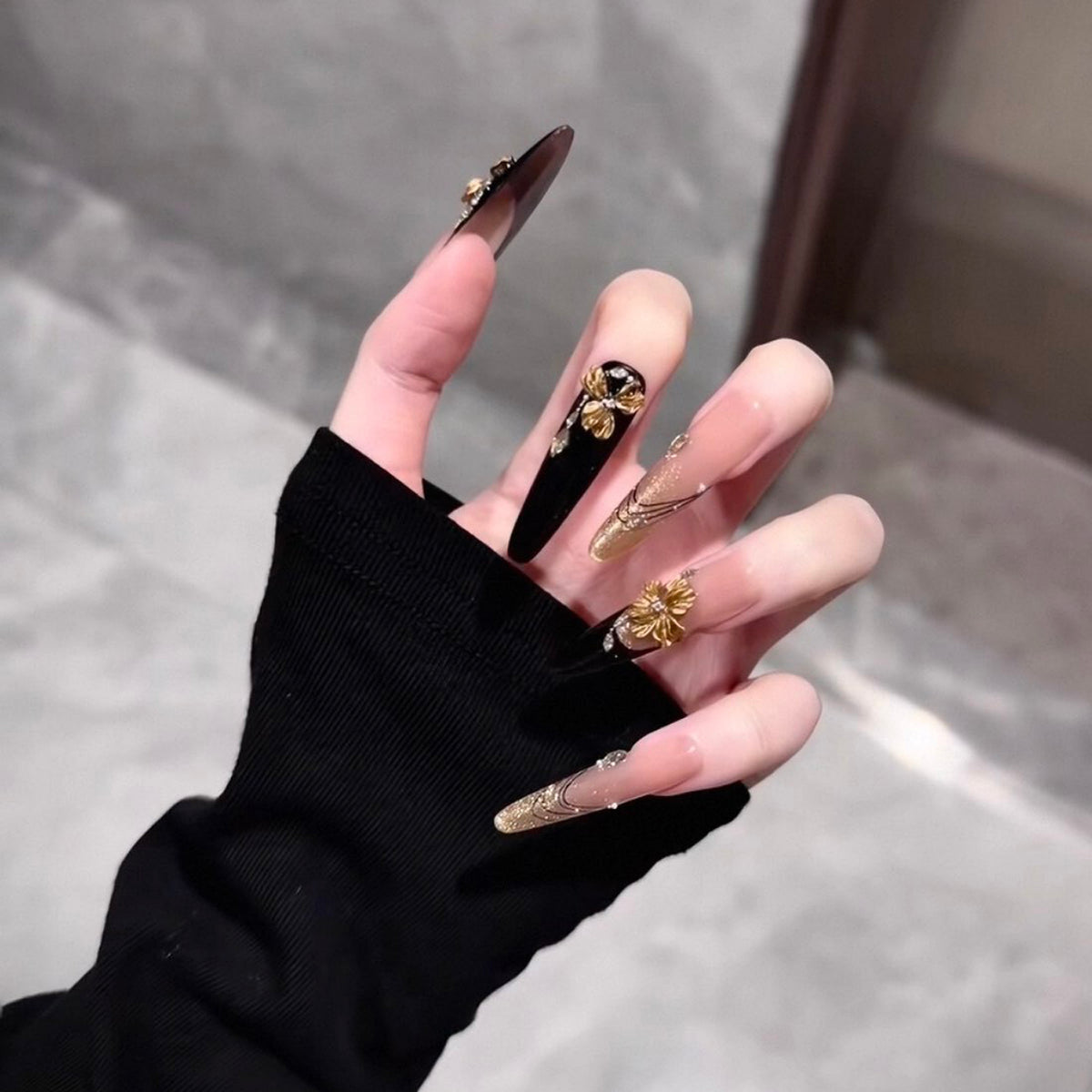 Handmade press-on nails: premium new year gold glitter cat eye long nails, hand-painted gold flower magic mirror, removable press-ons