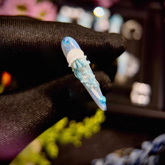 Haiyu Castle Heavy Industry Ocean Wind Jellyfish Sky Blue Zircon Diamond Long Handmade Wear Nail Custom Nail Art