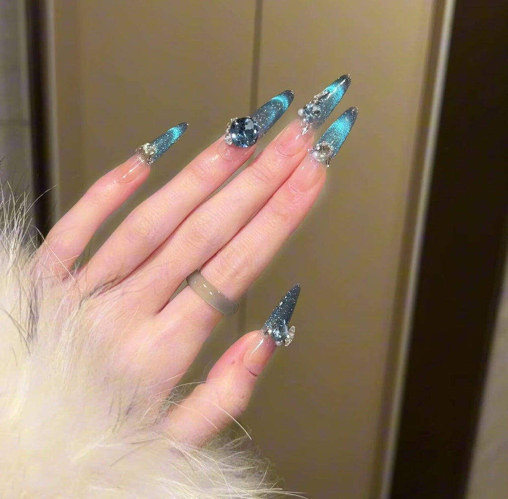 Spring new arrivals: dreamy ocean blue smiling french cat eye premium handmade press-on nails