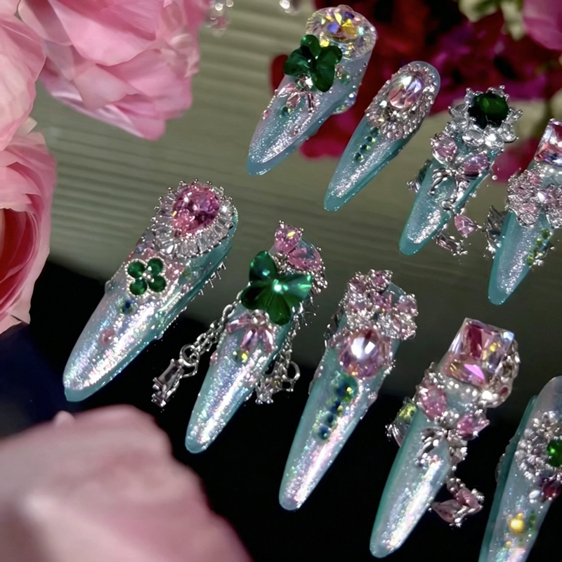 Heavy Industry Original Luxury Pink and Green Contrast Color Zircon Diamond Long Handmade Wear Nail Custom Nail Art