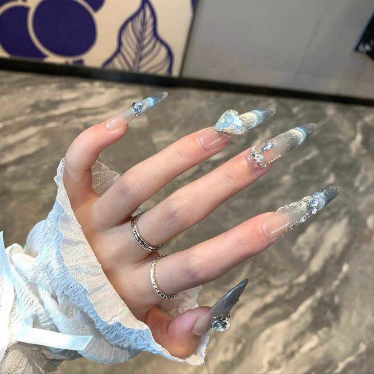 Luxury chic, heart-shaped diamond accent, gentle smile, french cat eye, long handmade press-on nails