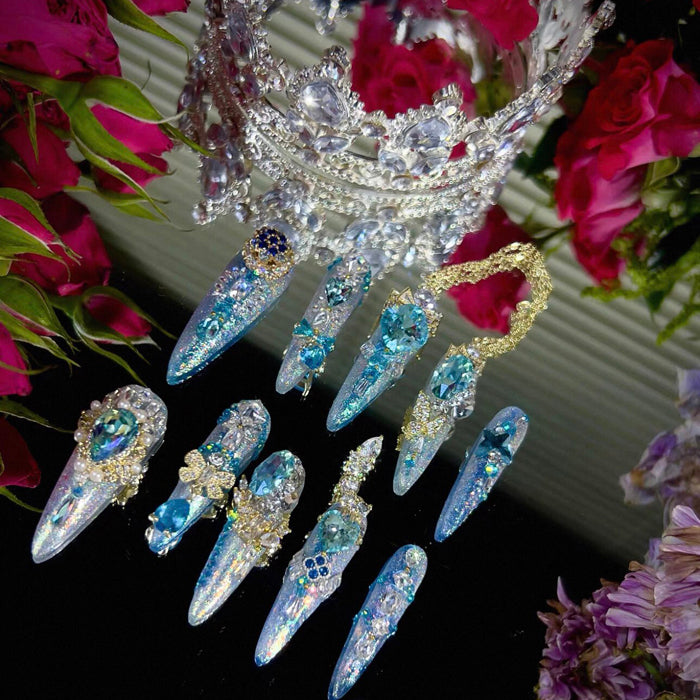 Luxury blue magic gold heavy industry original luxury blue gradual change zircon diamond long handmade wear nail custom nail art