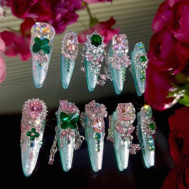 Heavy Industry Original Luxury Pink and Green Contrast Color Zircon Diamond Long Handmade Wear Nail Custom Nail Art