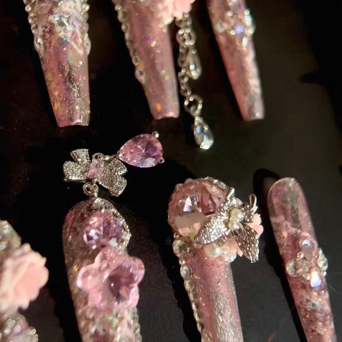 Powder Crystal Crushed Mang Heavy Industry Original Fairy Qi Pink Printed Zircon Diamond Long Handmade Wear Nail Customized Nail Art