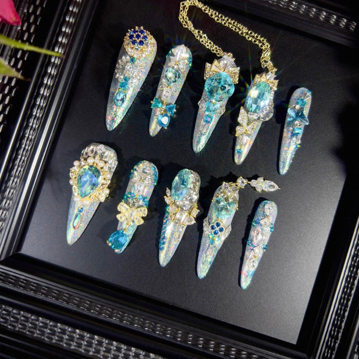 Luxury blue magic gold heavy industry original luxury blue gradual change zircon diamond long handmade wear nail custom nail art