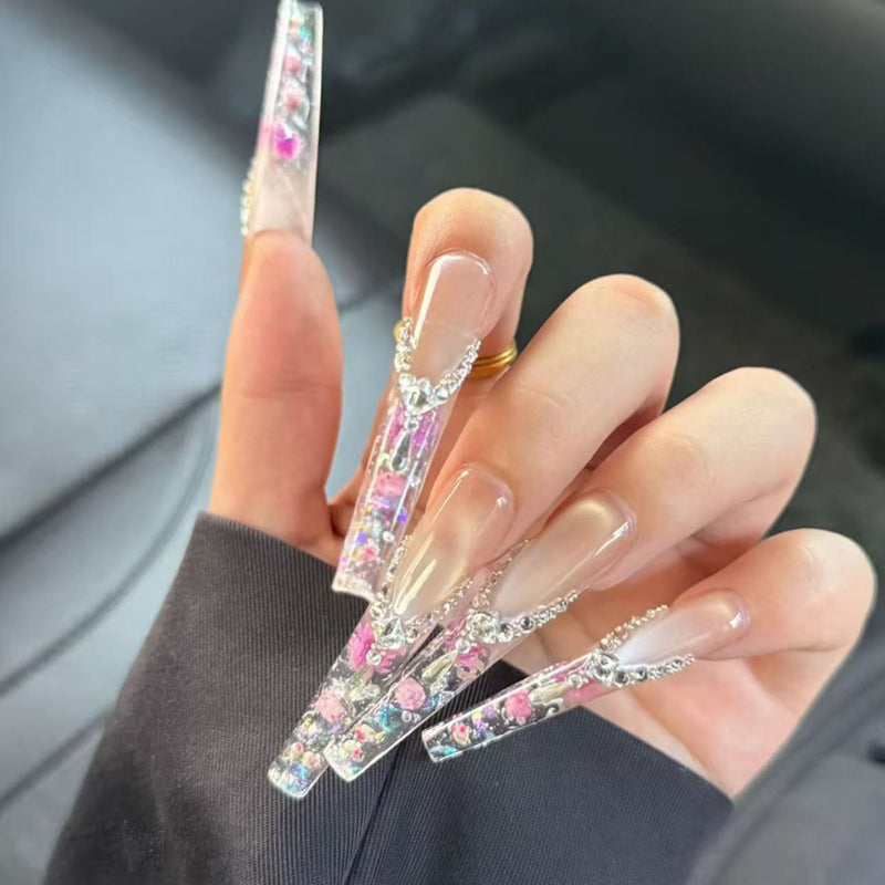 French cat's eye dried flower wearing nail medium and long high-end handmade nail patch new beautiful wearing nail art