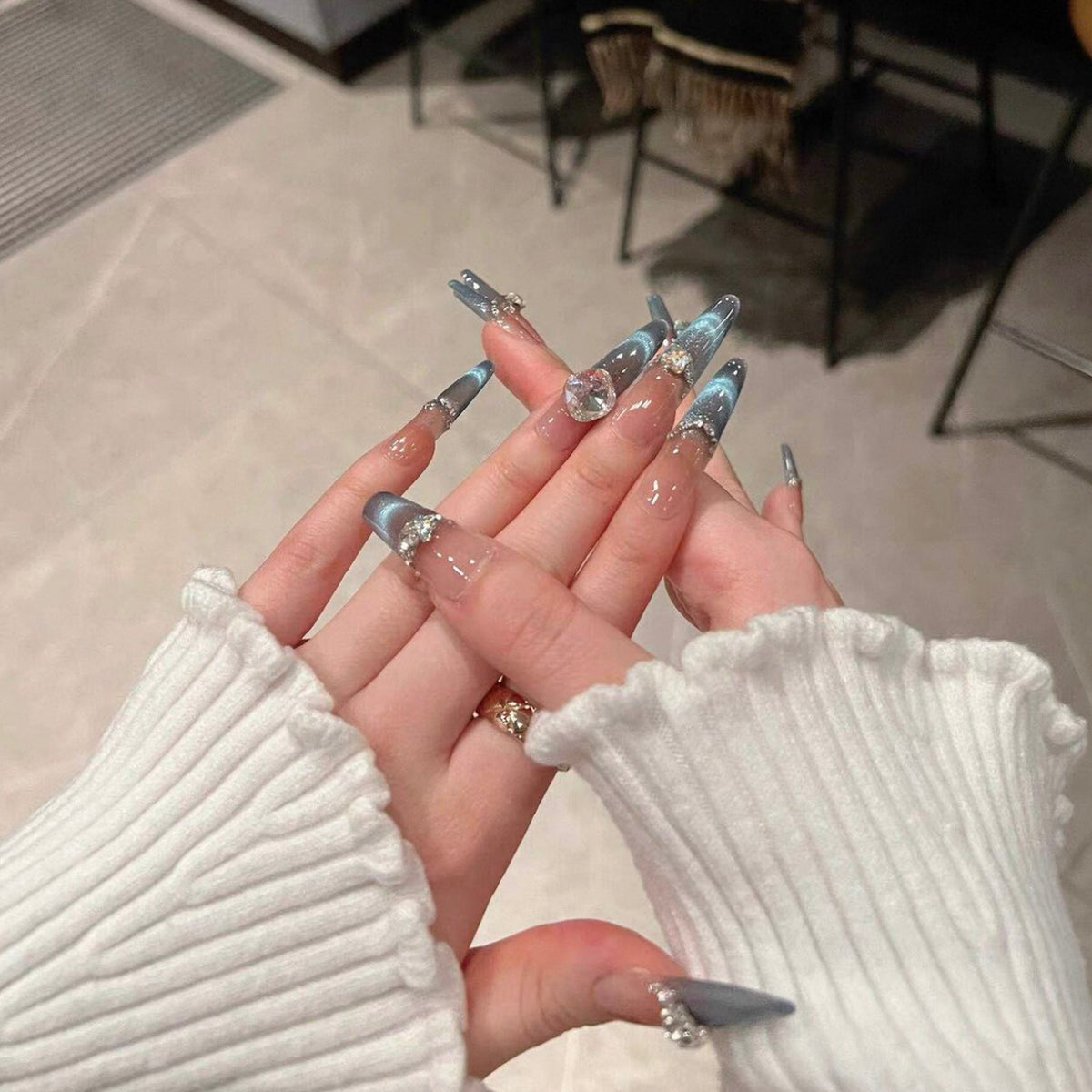 Spring new arrivals: dreamy ocean blue smiling french cat eye premium handmade press-on nails