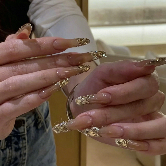 Champagne french chic nude shimmer gold diamond ins style - white-brightening, luxurious, high-end handmade press-on nails