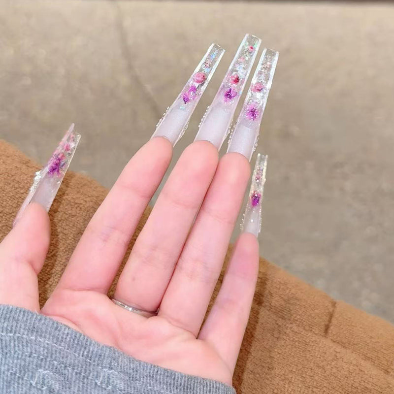 French cat's eye dried flower wearing nail medium and long high-end handmade nail patch new beautiful wearing nail art