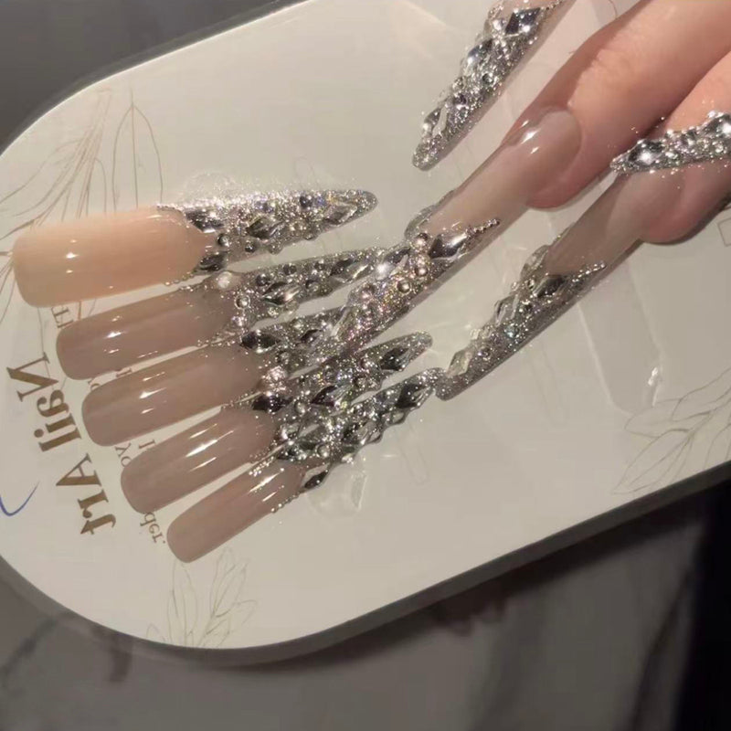 Pure handmade full-diamond French daughter gold flash nails removable wedding nail light luxury whitening advanced nail art wearing temperament