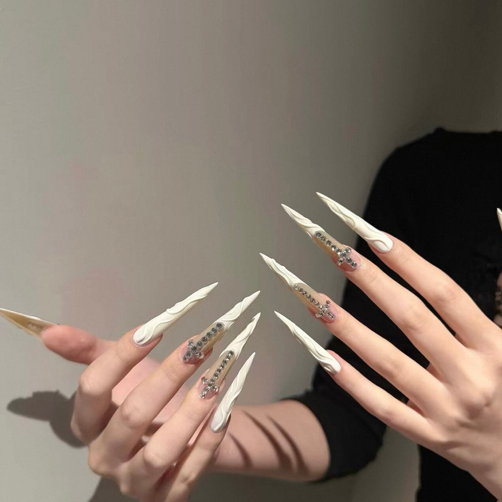 Handmade custom irregular water ripple hot girl pointed tip press-on nails with cross and crushed diamond accents - luxurious and flattering