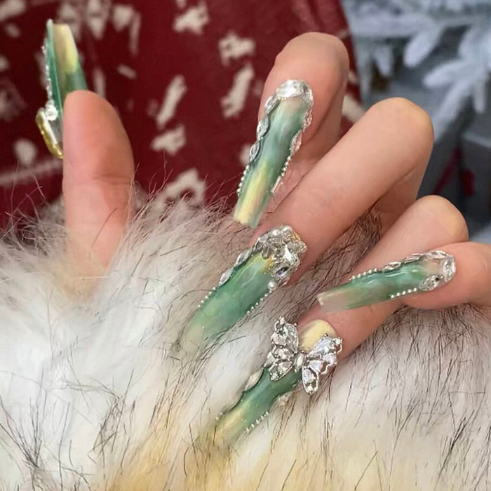 Handmade wearable nail art heavy industry luxurious classy gold and green smudged wearable nail art