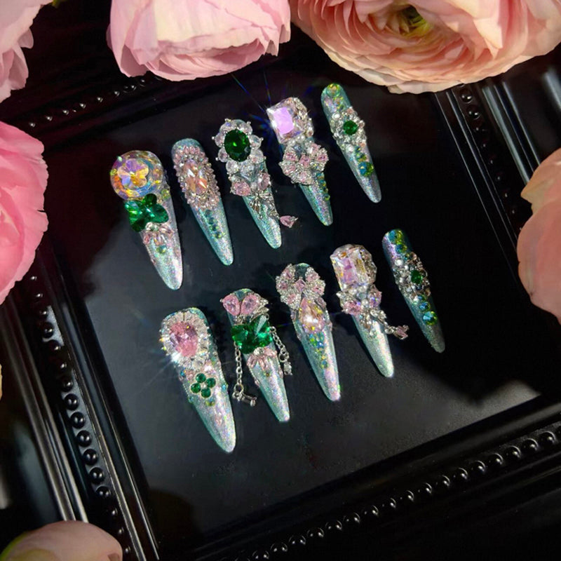 Heavy Industry Original Luxury Pink and Green Contrast Color Zircon Diamond Long Handmade Wear Nail Custom Nail Art