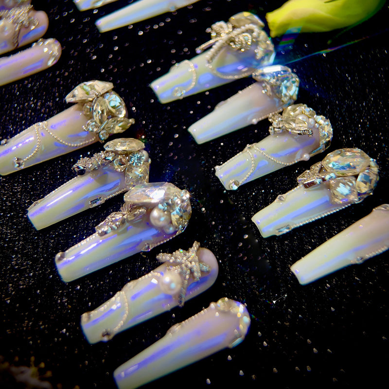 Light pink gradual change blue aurora noble daughter cool feeling full zircon diamond handmade wear nail custom nail manicure