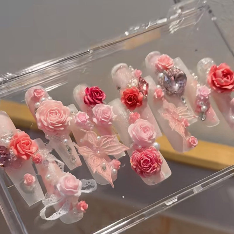 Cat's eye press-on nails with three-dimensional floral premium touches, uniquely beautiful handmade wear nail art