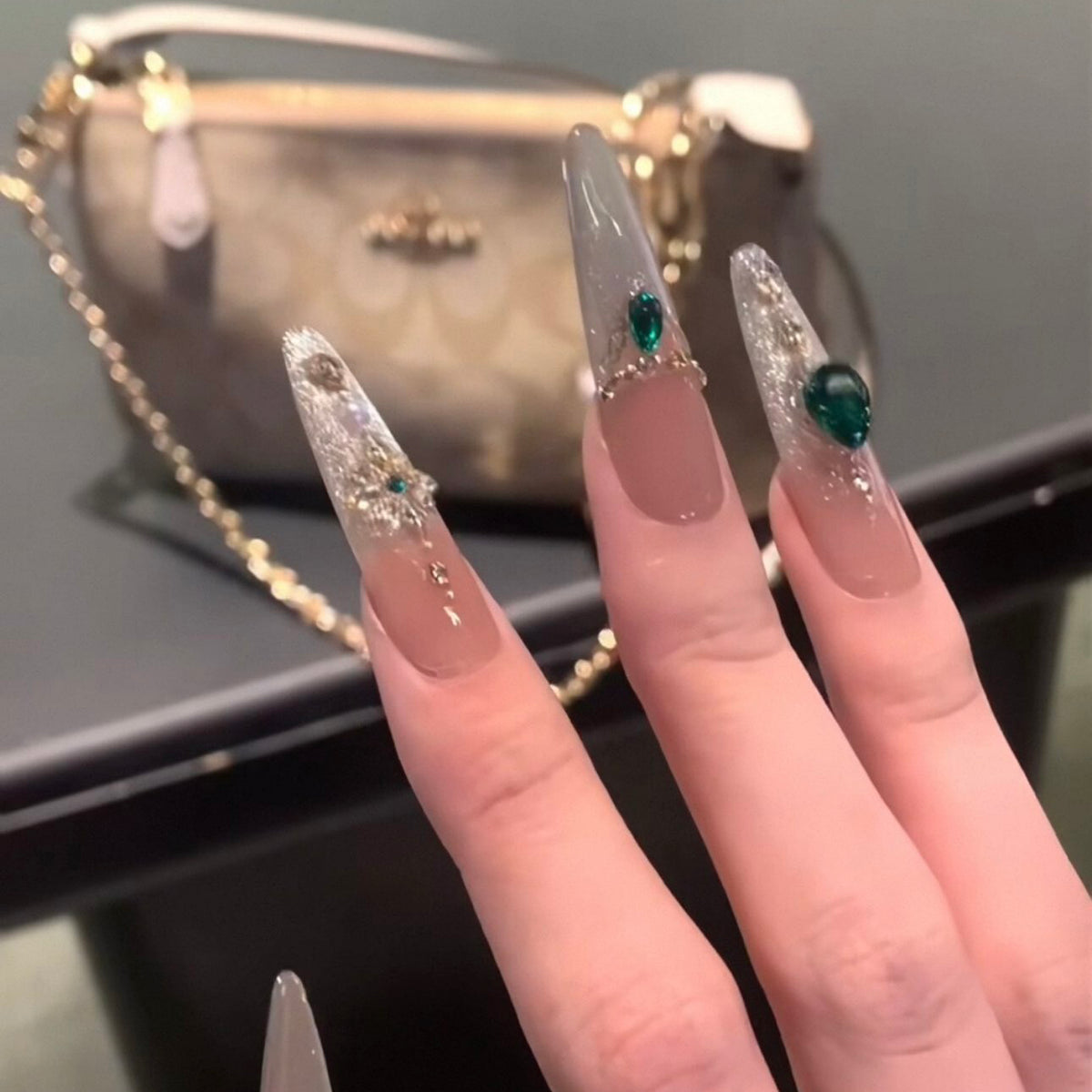 Handmade press-on nails - summer mid-length cat eye, luxe retro, elegant, and flattering white gel nail tips