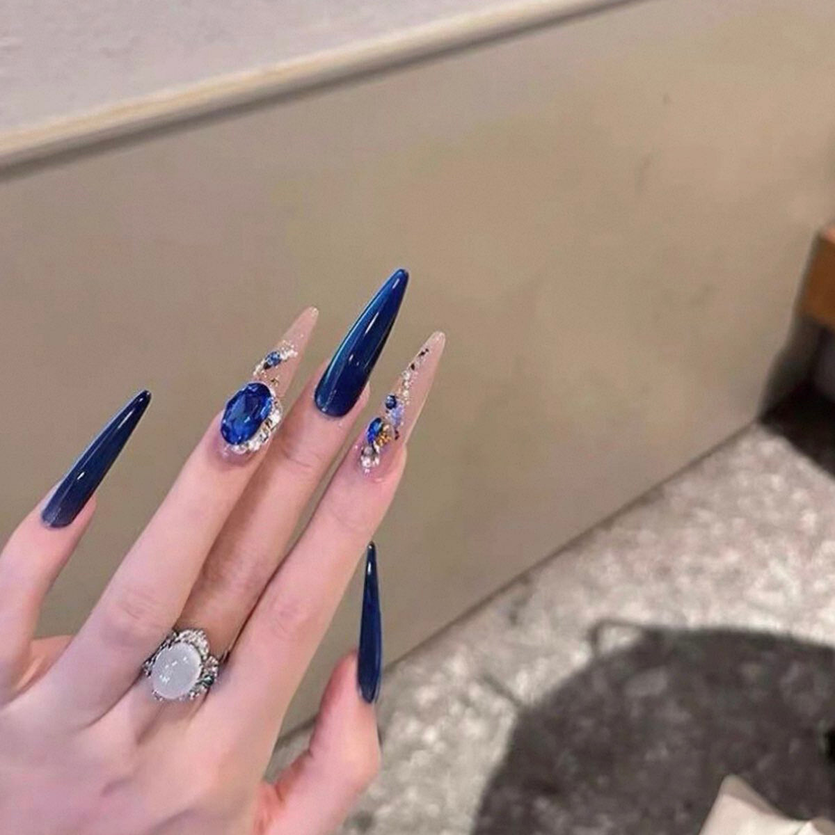 Blue-toned, "rich girl" style, handmade press-on nails: high-end, sparkling rhinestone ball, fresh & chic manicure