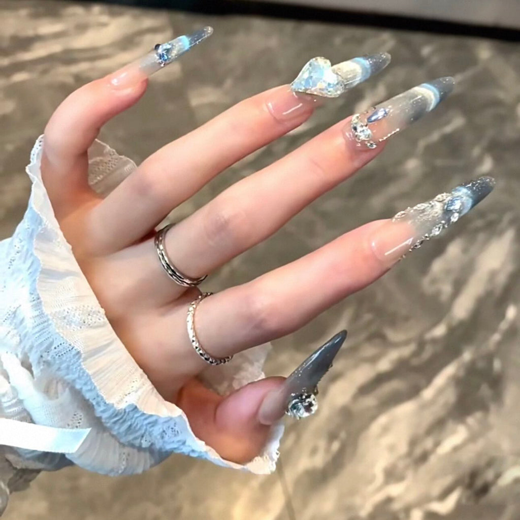 Luxury chic, heart-shaped diamond accent, gentle smile, french cat eye, long handmade press-on nails