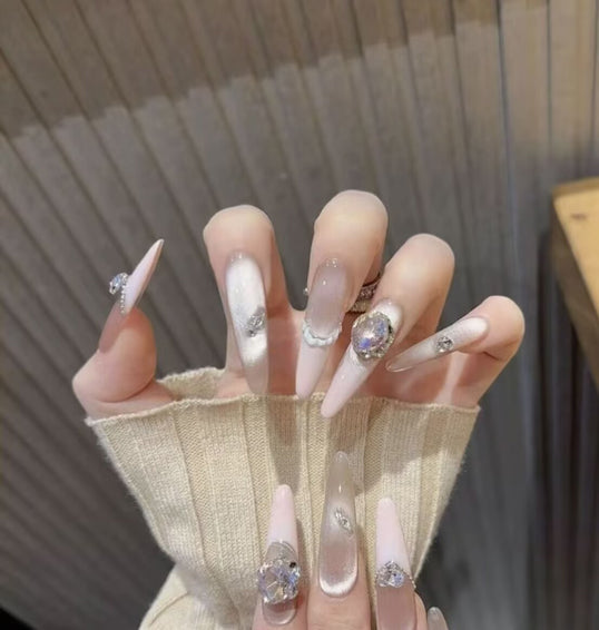 Handmade armor French ice-through naked pink cat's eye with diamonds Gentle pure desire manicure sticker