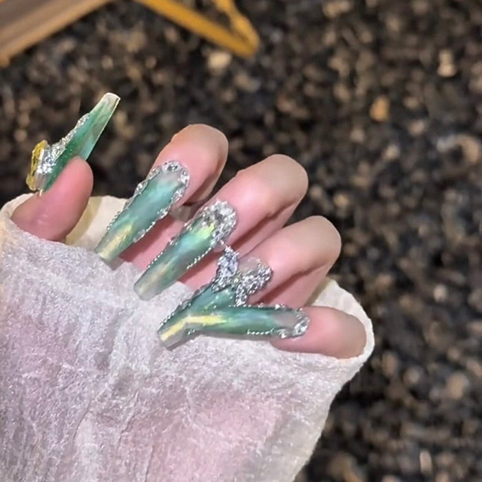 Handmade wearable nail art heavy industry luxurious classy gold and green smudged wearable nail art