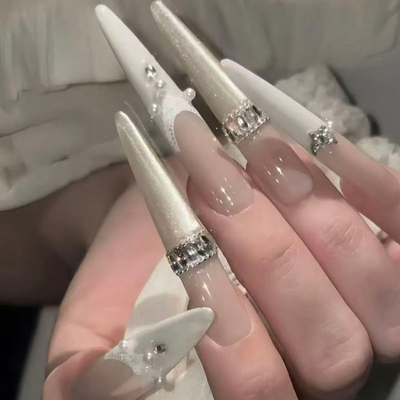 French Pure Desire Wind Premium Pearl Diamond Temperament Bridal Nail Pure Handmade Nail Art Wear Nail
