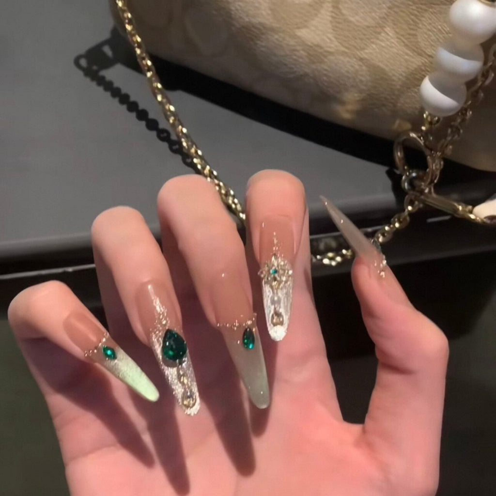 Handmade press-on nails - summer mid-length cat eye, luxe retro, elegant, and flattering white gel nail tips