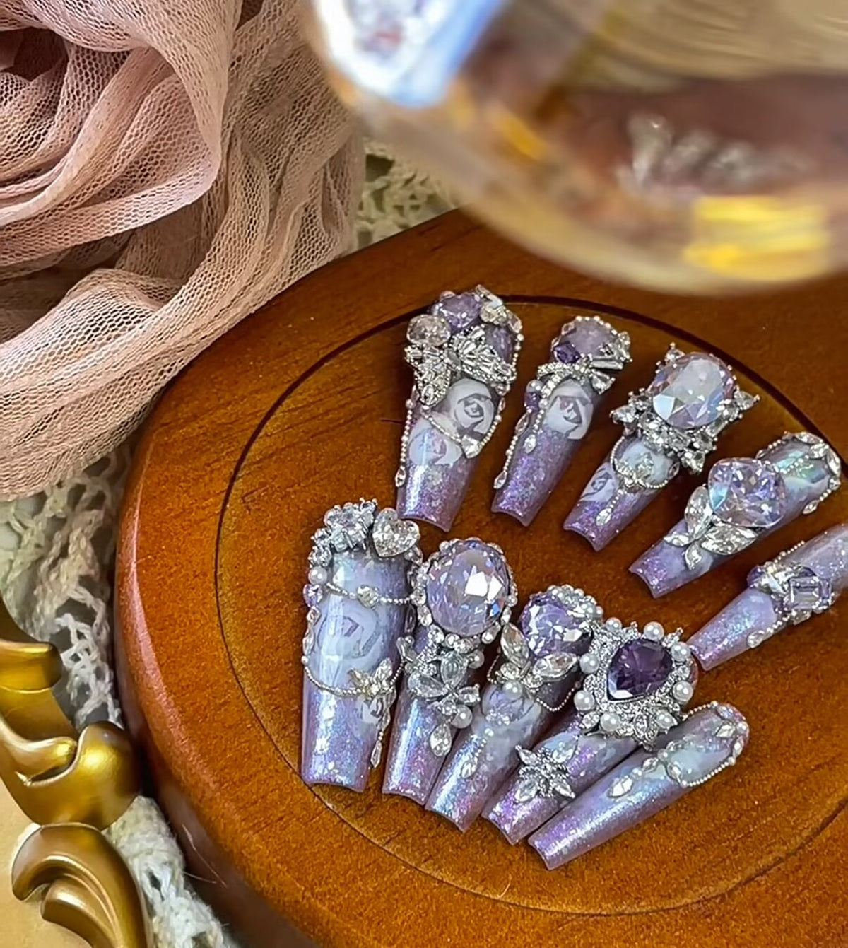 Purple palace light luxury full diamond handmade custom wearable nails watercolor rose flash new detachable nail manicure