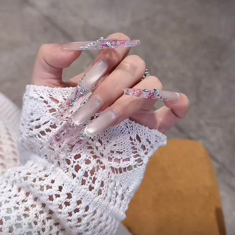 French cat's eye dried flower wearing nail medium and long high-end handmade nail patch new beautiful wearing nail art