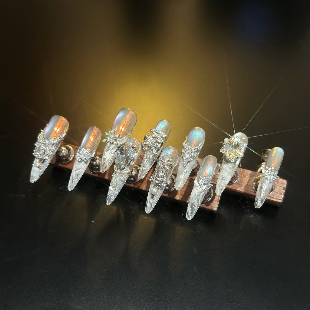 Handmade full diamond ice transparent christmas style wearable manicure thin dog tip whitening classy sense wearable manicure bridal nails