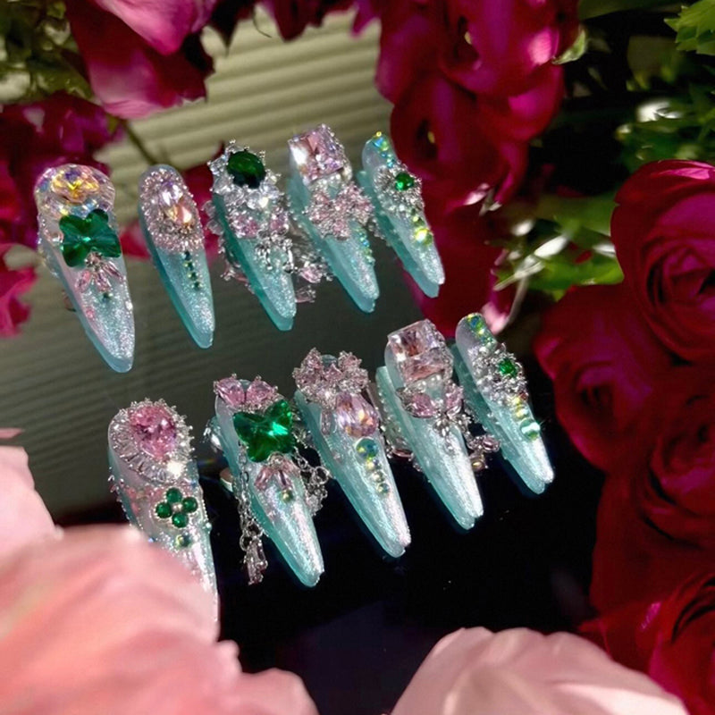 Heavy Industry Original Luxury Pink and Green Contrast Color Zircon Diamond Long Handmade Wear Nail Custom Nail Art