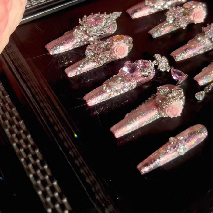 Powder Crystal Crushed Mang Heavy Industry Original Fairy Qi Pink Printed Zircon Diamond Long Handmade Wear Nail Customized Nail Art