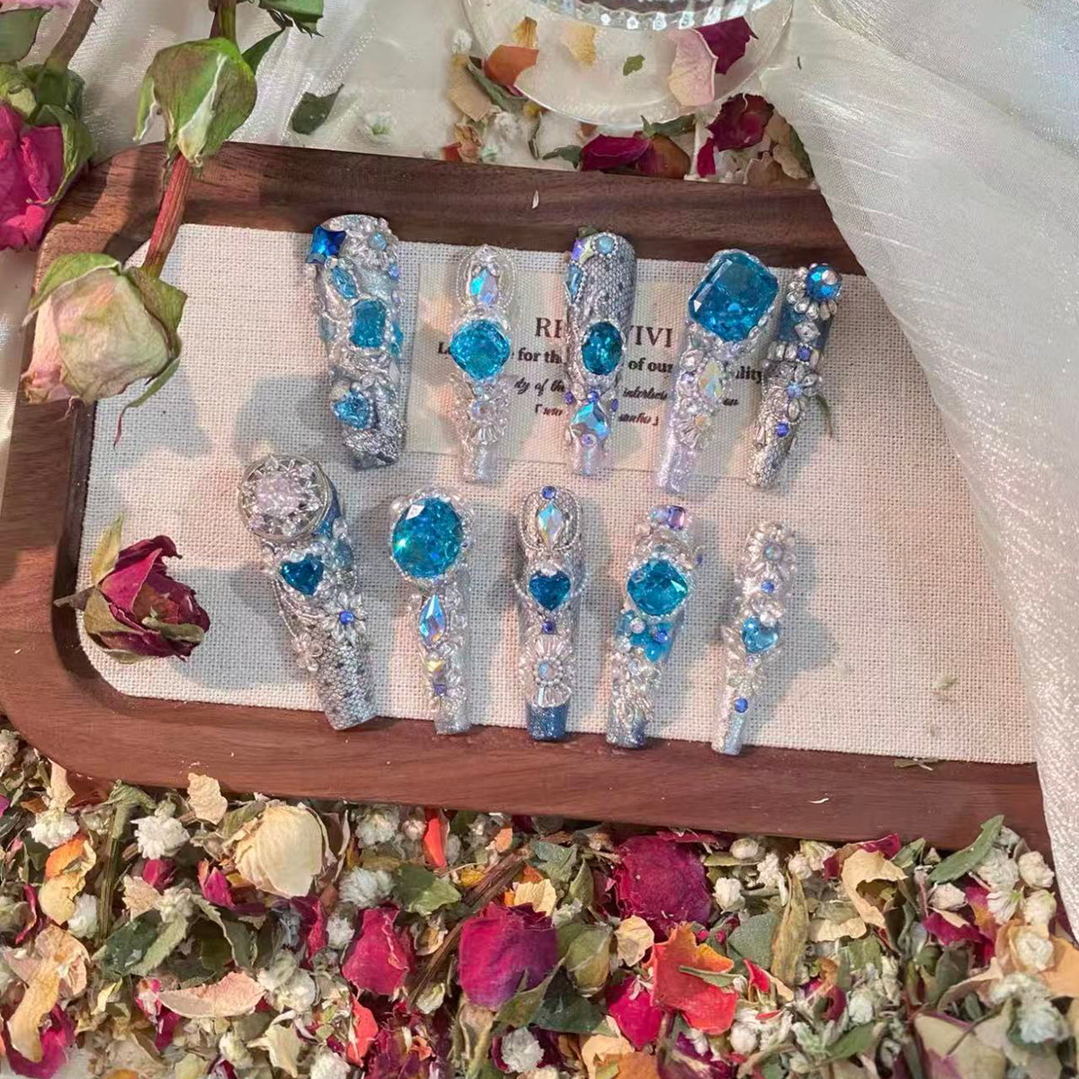 Heavy industry blue printed light-up model huazi ice-cut zircon diamond handmade wearable nails personalized detachable nails manicure