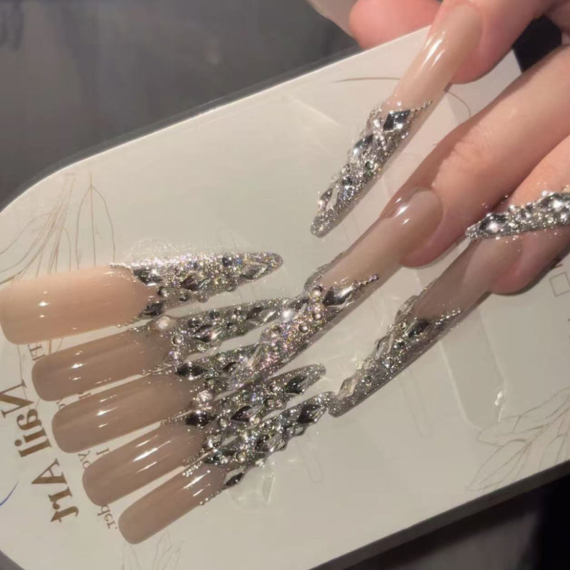 Pure handmade full-diamond French daughter gold flash nails removable wedding nail light luxury whitening advanced nail art wearing temperament