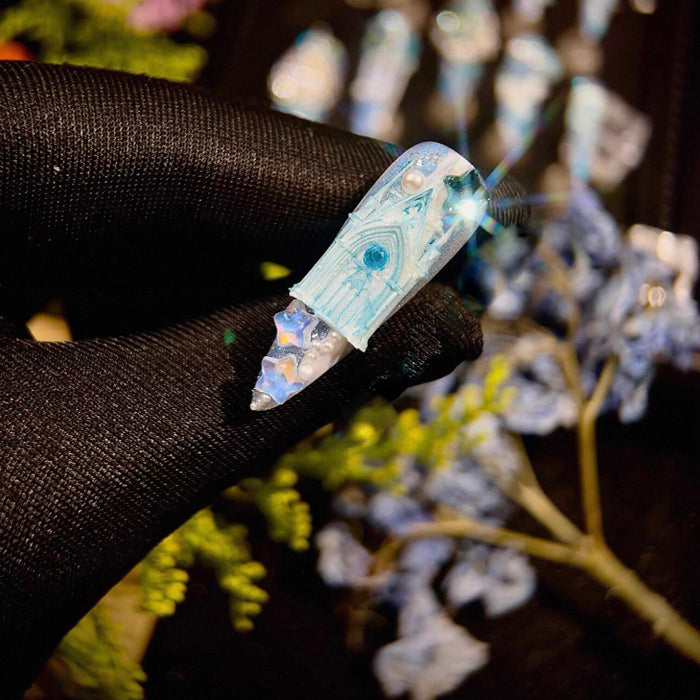 Haiyu Castle Heavy Industry Ocean Wind Jellyfish Sky Blue Zircon Diamond Long Handmade Wear Nail Custom Nail Art
