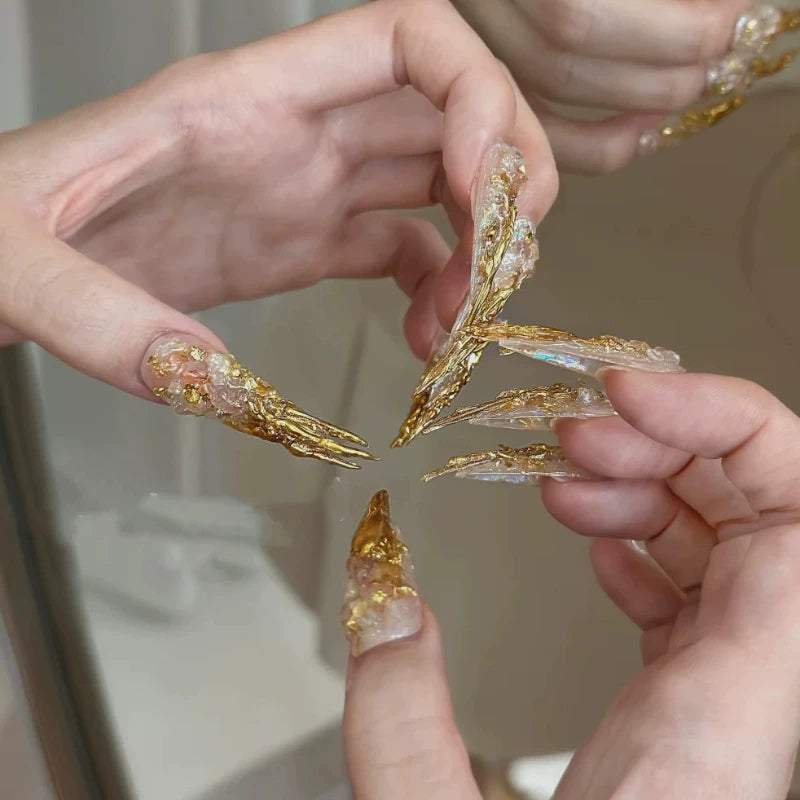 Wear long gold-plated classy white pure handmade pointed manicure