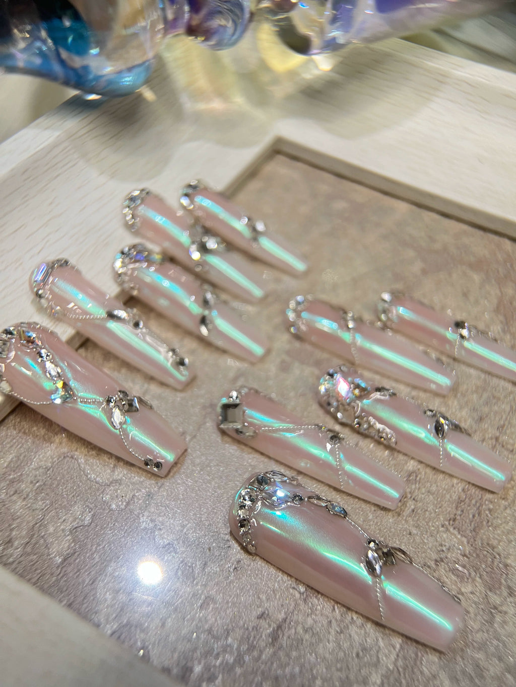 Temperament luxury full diamond steel ball spell diamond aurora powder gradual change full zircon diamond handmade wear nail custom nail manicure