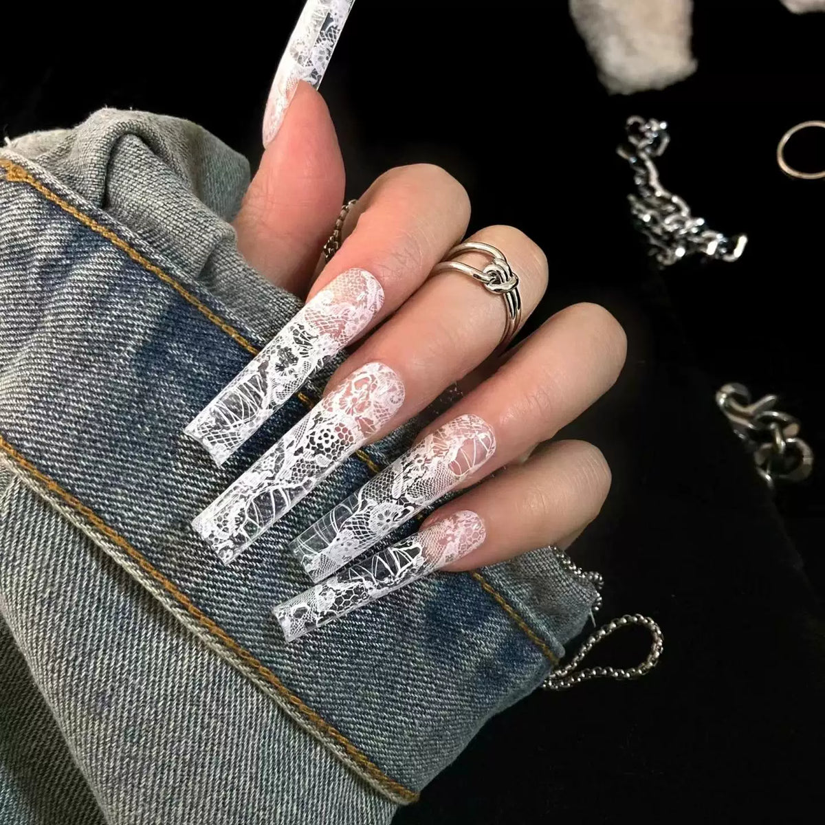 Pure hand-worn nail customization finished product, wearable nail art, European and American air duct square lace, pure desire design sense